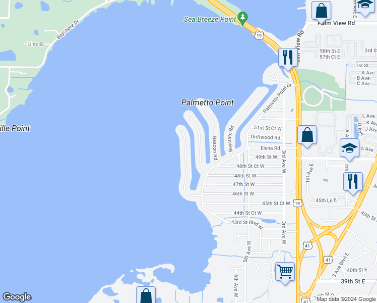 map of restaurants, bars, coffee shops, grocery stores, and more near 4912 45th Street Boulevard West in Palmetto