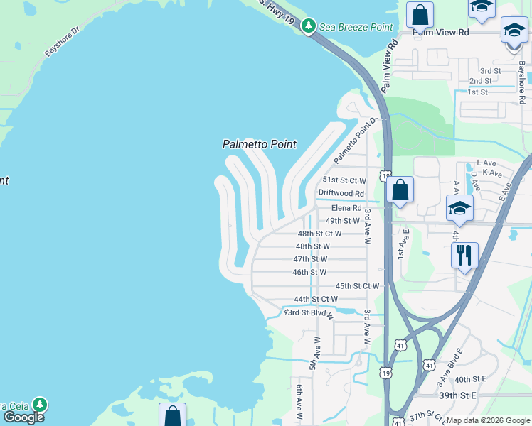 map of restaurants, bars, coffee shops, grocery stores, and more near 4823 Beacon Road in Palmetto