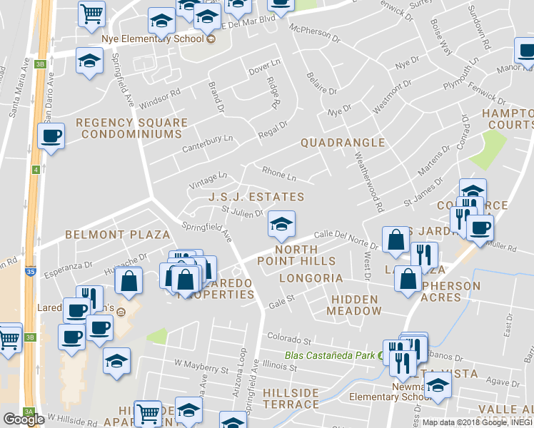 map of restaurants, bars, coffee shops, grocery stores, and more near 321 Saint Julien Drive in Laredo