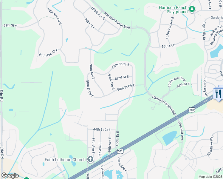 map of restaurants, bars, coffee shops, grocery stores, and more near 9889 50th Street Circle East in Parrish
