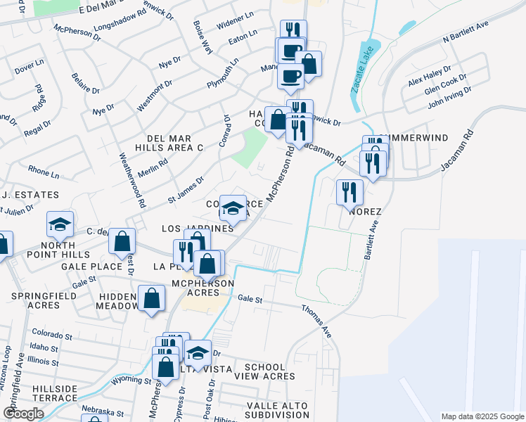 map of restaurants, bars, coffee shops, grocery stores, and more near in Laredo
