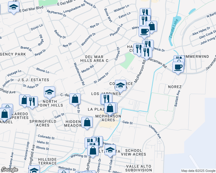 map of restaurants, bars, coffee shops, grocery stores, and more near 1712 Violeta Court in Laredo