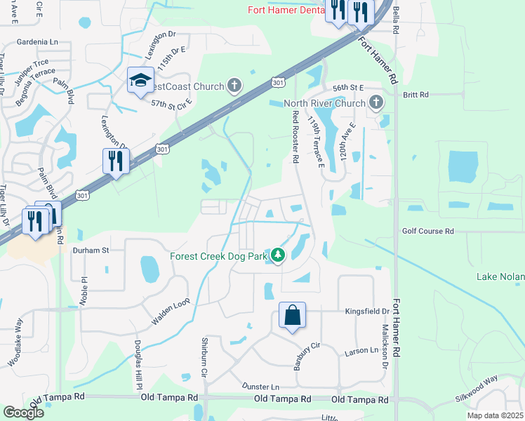 map of restaurants, bars, coffee shops, grocery stores, and more near 5006 Charles Partin Drive in Parrish