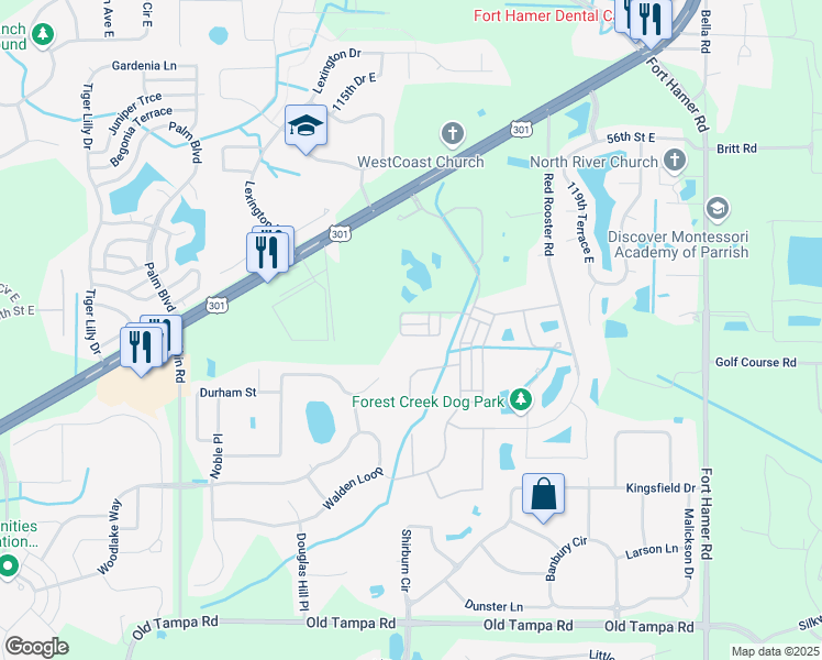 map of restaurants, bars, coffee shops, grocery stores, and more near 11641 Old Florida Lane in Parrish