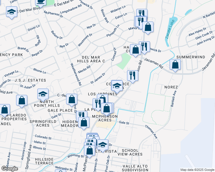 map of restaurants, bars, coffee shops, grocery stores, and more near 1618 Jacaranda Court in Laredo