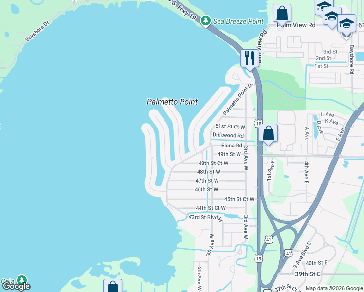 map of restaurants, bars, coffee shops, grocery stores, and more near 5007 Beacon Road in Palmetto
