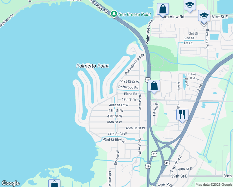 map of restaurants, bars, coffee shops, grocery stores, and more near 5000 8th Avenue Boulevard West in Palmetto