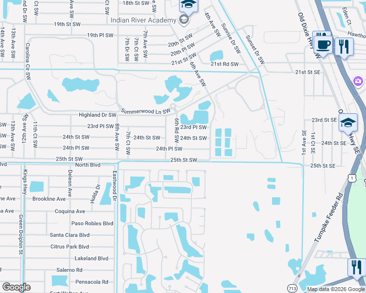 map of restaurants, bars, coffee shops, grocery stores, and more near 640 24th Place Southwest in Vero Beach