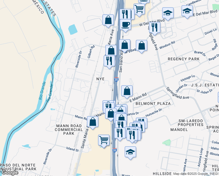 map of restaurants, bars, coffee shops, grocery stores, and more near 5912 San Bernardo Avenue in Laredo