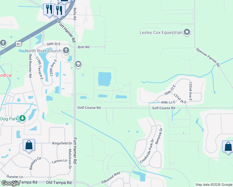 map of restaurants, bars, coffee shops, grocery stores, and more near 12180 Golf Course Road in Parrish