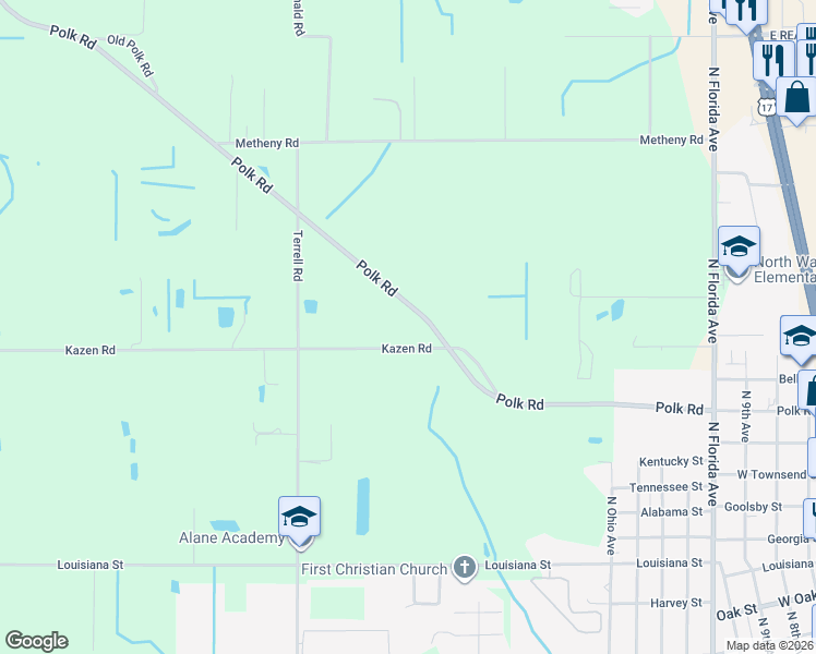 map of restaurants, bars, coffee shops, grocery stores, and more near 989 Polk Road in Wauchula