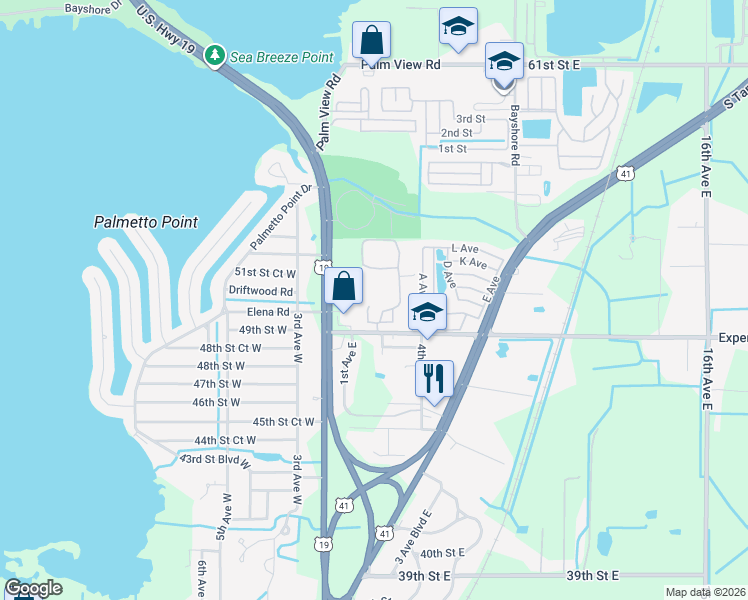 map of restaurants, bars, coffee shops, grocery stores, and more near 109 2nd Avenue East in Palmetto