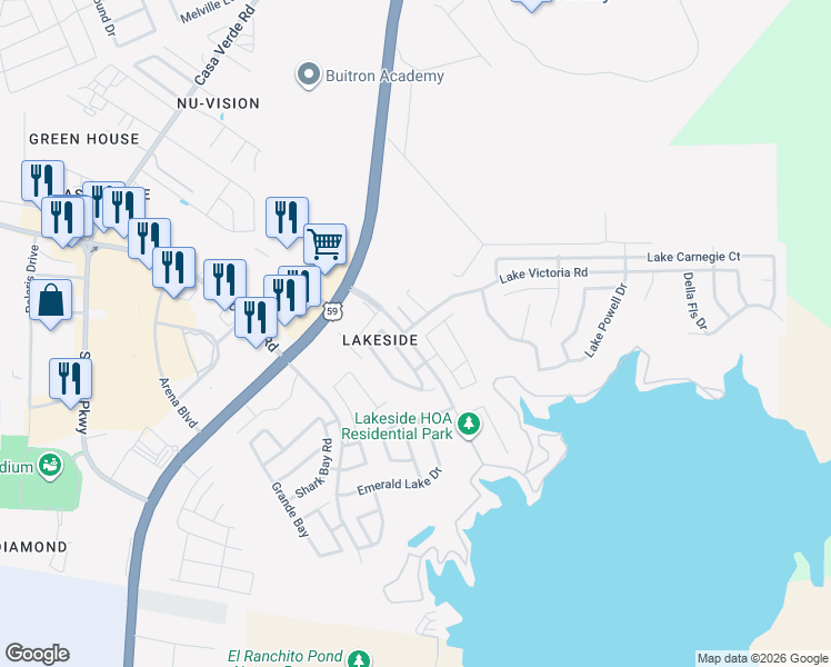map of restaurants, bars, coffee shops, grocery stores, and more near 103 Watson Lake Drive in Laredo