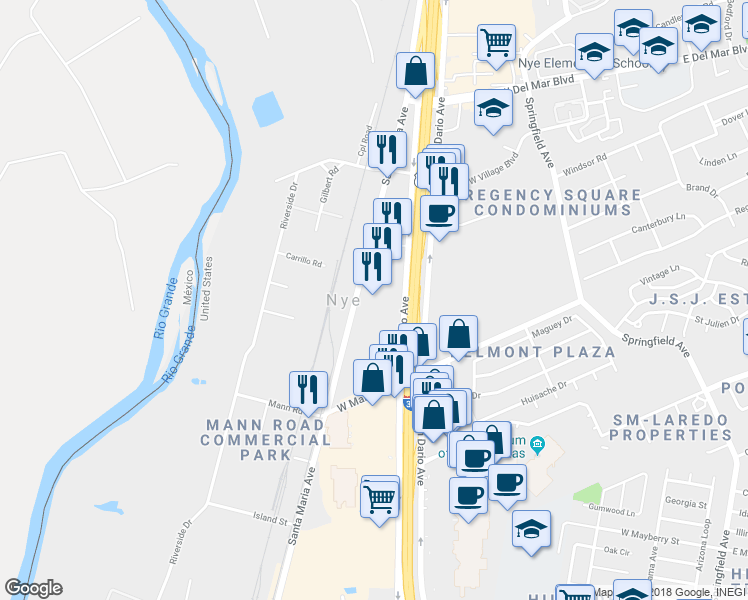 map of restaurants, bars, coffee shops, grocery stores, and more near 5910 San Bernardo Avenue in Laredo