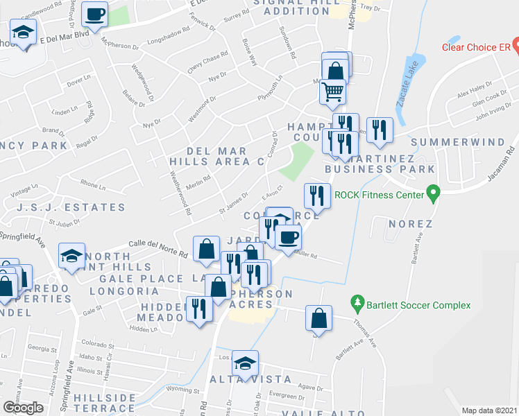 map of restaurants, bars, coffee shops, grocery stores, and more near 509 W Avon Ct in Laredo
