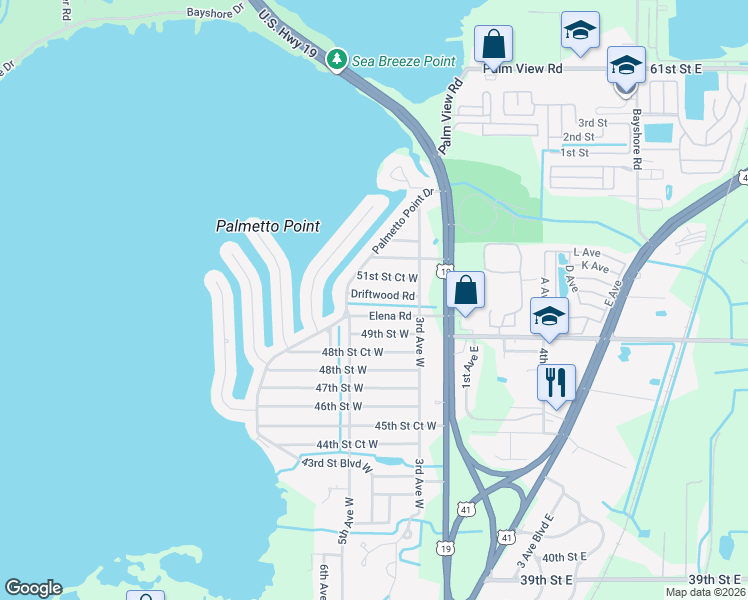 map of restaurants, bars, coffee shops, grocery stores, and more near 407 51st Street West in Palmetto