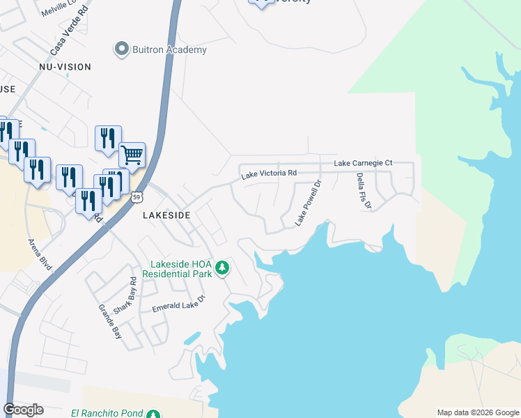 map of restaurants, bars, coffee shops, grocery stores, and more near 303 Lake Kariba Court in Laredo