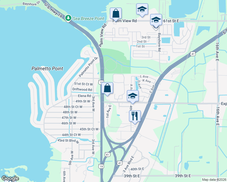 map of restaurants, bars, coffee shops, grocery stores, and more near 109 2nd Avenue East in Palmetto