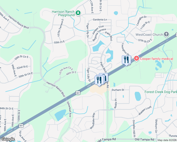 map of restaurants, bars, coffee shops, grocery stores, and more near 101 Alamanda Lane in Parrish