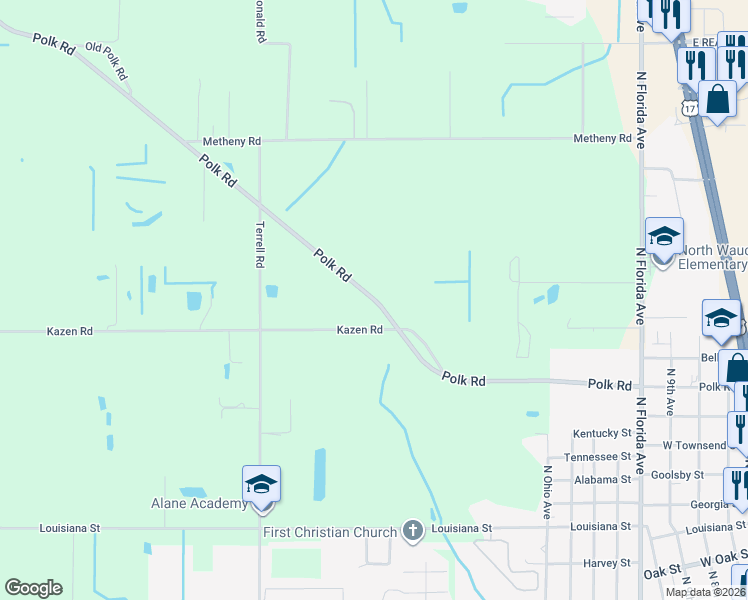 map of restaurants, bars, coffee shops, grocery stores, and more near 989 Polk Road in Wauchula