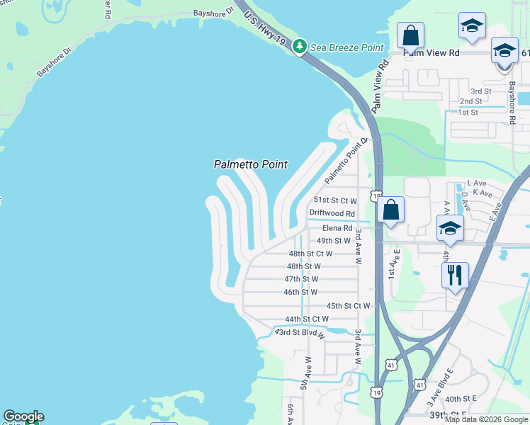 map of restaurants, bars, coffee shops, grocery stores, and more near 5007 Beacon Road in Palmetto