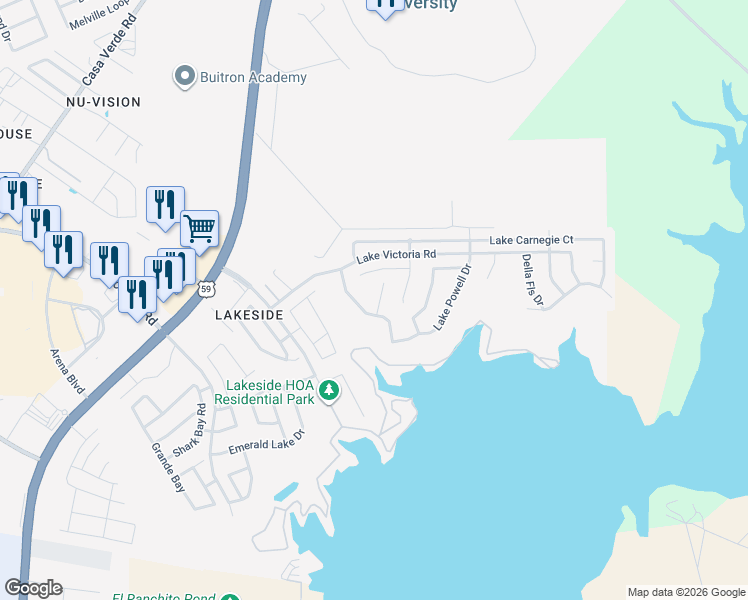 map of restaurants, bars, coffee shops, grocery stores, and more near 303 Lake Kariba Court in Laredo