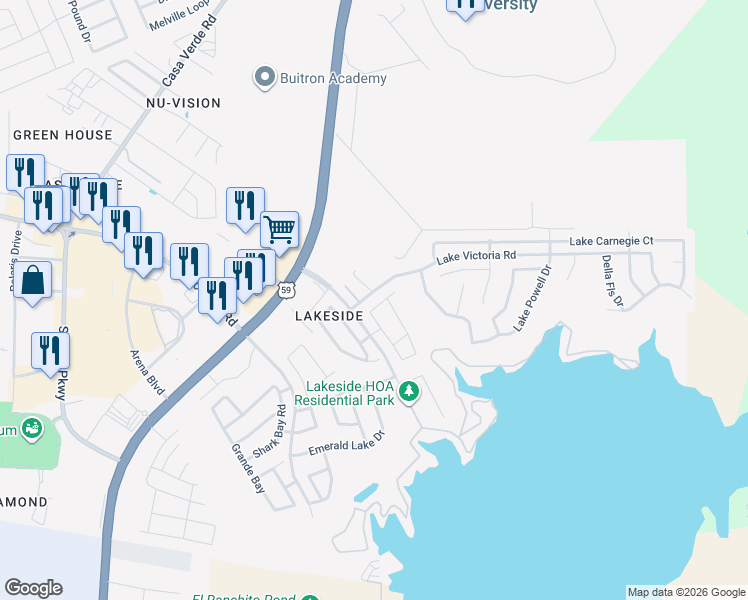 map of restaurants, bars, coffee shops, grocery stores, and more near 103 Watson Lake Drive in Laredo