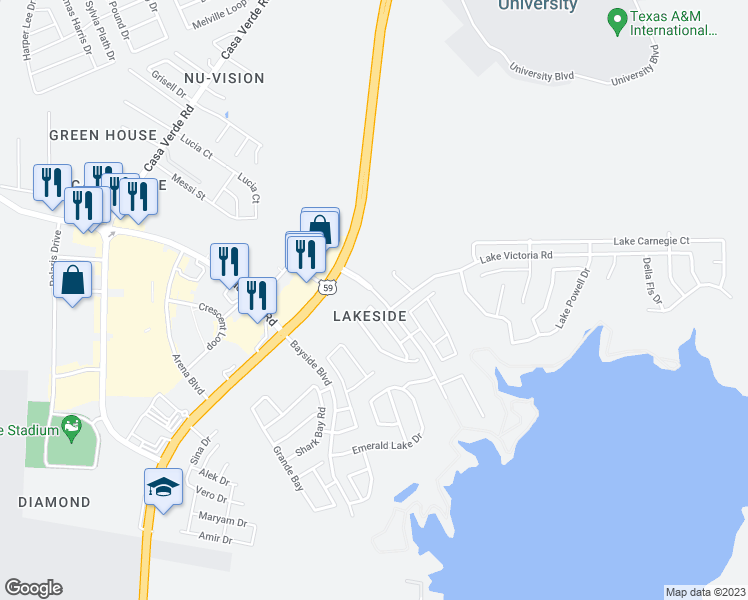 map of restaurants, bars, coffee shops, grocery stores, and more near 104 Flathead Lake Drive in Laredo