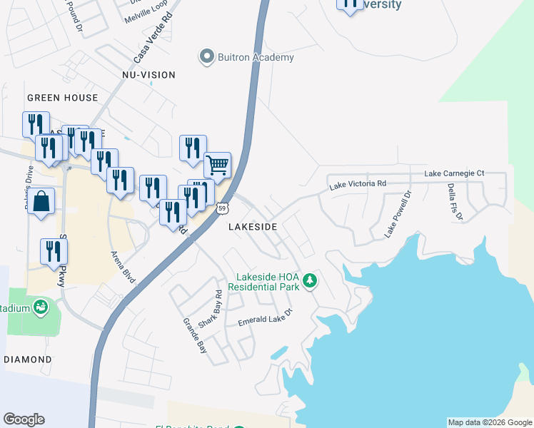 map of restaurants, bars, coffee shops, grocery stores, and more near 103 Watson Lake Drive in Laredo