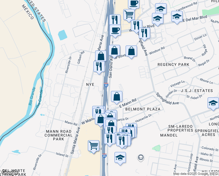 map of restaurants, bars, coffee shops, grocery stores, and more near 6311 San Dario Avenue in Laredo