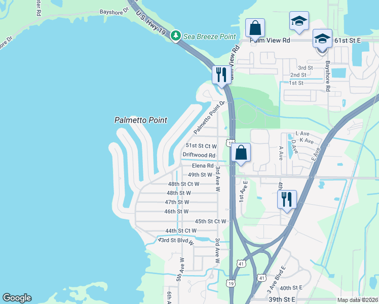 map of restaurants, bars, coffee shops, grocery stores, and more near 407 51st Street West in Palmetto