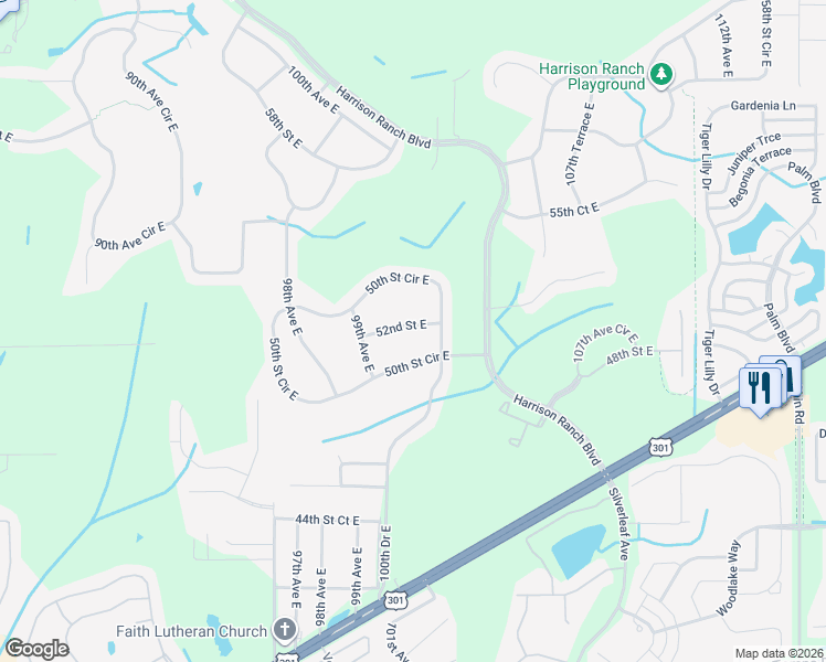 map of restaurants, bars, coffee shops, grocery stores, and more near 9946 50th Street Circle East in Parrish