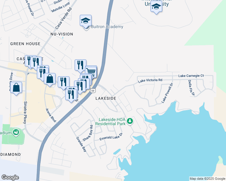map of restaurants, bars, coffee shops, grocery stores, and more near 7210 Lake Victoria Road in Laredo