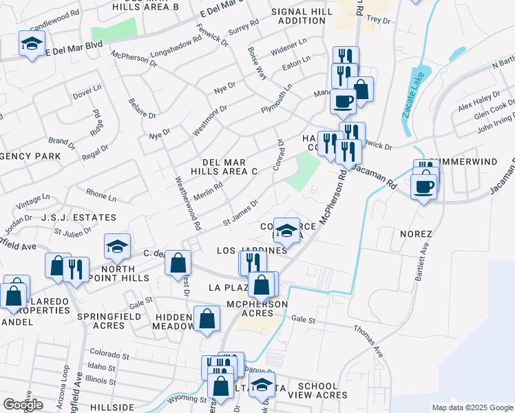 map of restaurants, bars, coffee shops, grocery stores, and more near 509 West Avon Court in Laredo