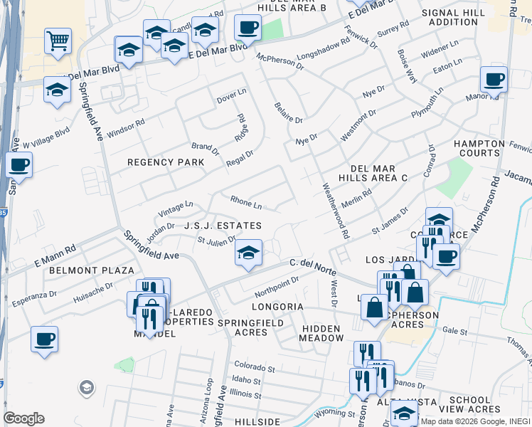map of restaurants, bars, coffee shops, grocery stores, and more near 403 Beringer Court in Laredo