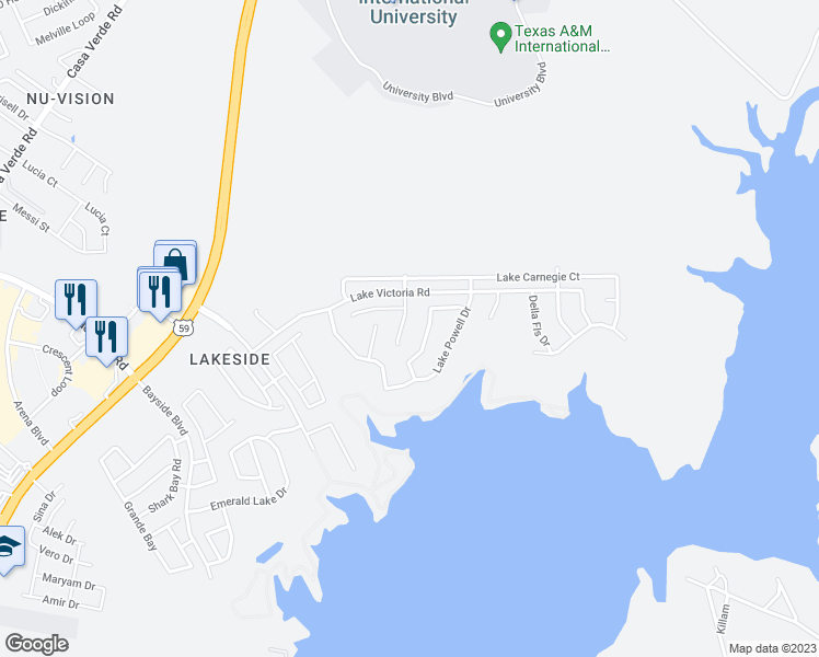 map of restaurants, bars, coffee shops, grocery stores, and more near 411 Lake Nakuru Court in Laredo