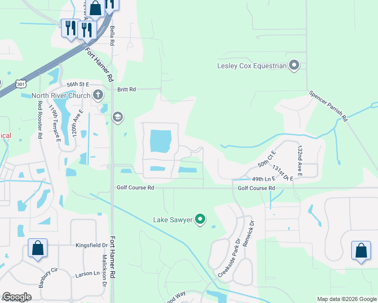 map of restaurants, bars, coffee shops, grocery stores, and more near 12180 Golf Course Road in Parrish