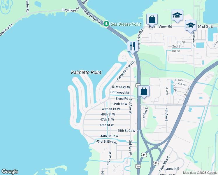 map of restaurants, bars, coffee shops, grocery stores, and more near 5111 Palmetto Point Drive in Palmetto