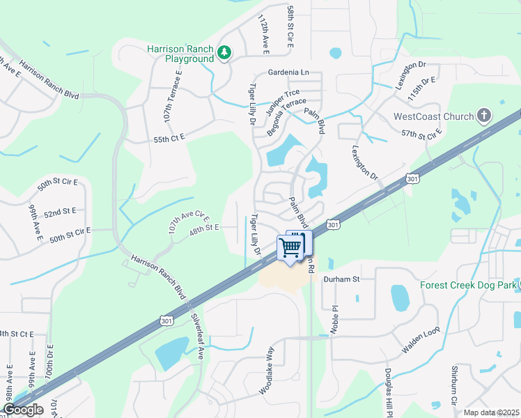 map of restaurants, bars, coffee shops, grocery stores, and more near 142 Tiger Lilly Drive in Parrish
