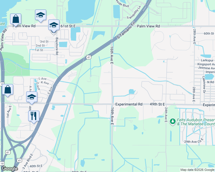 map of restaurants, bars, coffee shops, grocery stores, and more near 1503 Park Drive East in Palmetto