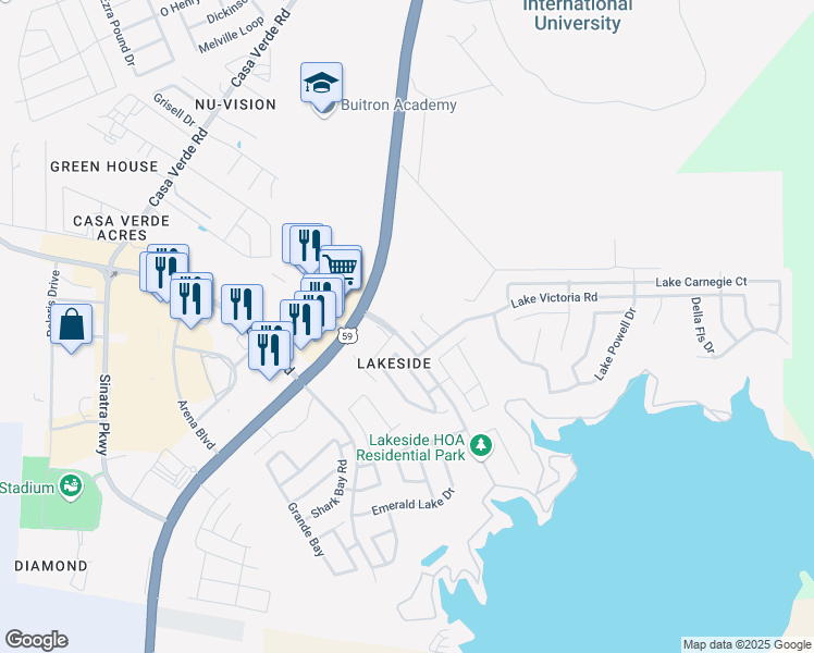map of restaurants, bars, coffee shops, grocery stores, and more near 7219 Lake Victoria Road in Laredo