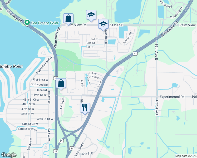 map of restaurants, bars, coffee shops, grocery stores, and more near 143 L Avenue in Palmetto