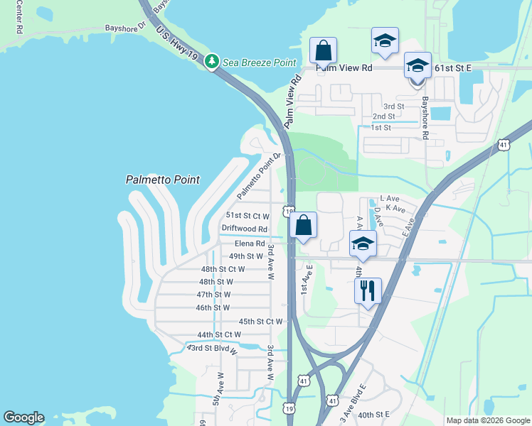 map of restaurants, bars, coffee shops, grocery stores, and more near 302 Buena Vista Road in Palmetto