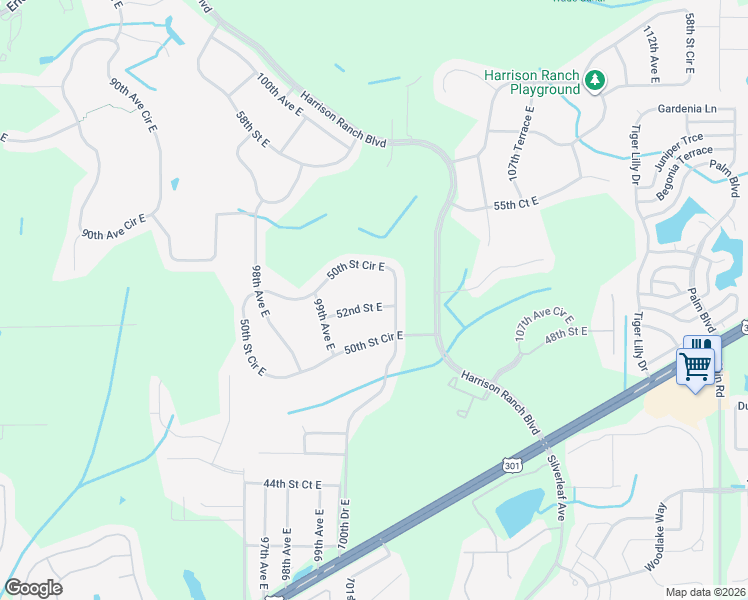 map of restaurants, bars, coffee shops, grocery stores, and more near 9954 52nd Street East in Parrish