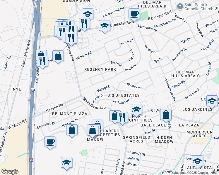 map of restaurants, bars, coffee shops, grocery stores, and more near 234 Vintage Lane in Laredo