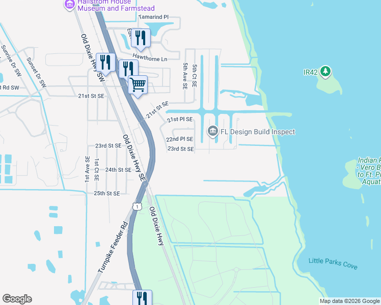 map of restaurants, bars, coffee shops, grocery stores, and more near 454 23rd Street Southeast in Vero Beach