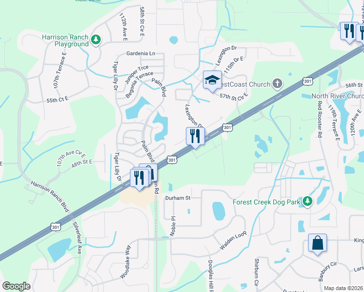 map of restaurants, bars, coffee shops, grocery stores, and more near 11473 52nd Court East in Parrish