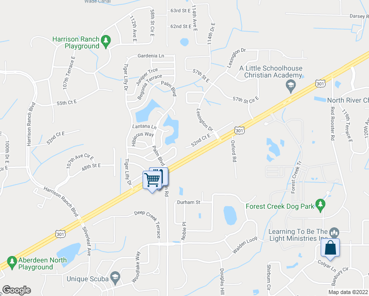 map of restaurants, bars, coffee shops, grocery stores, and more near 10510 52nd Court East in Parrish