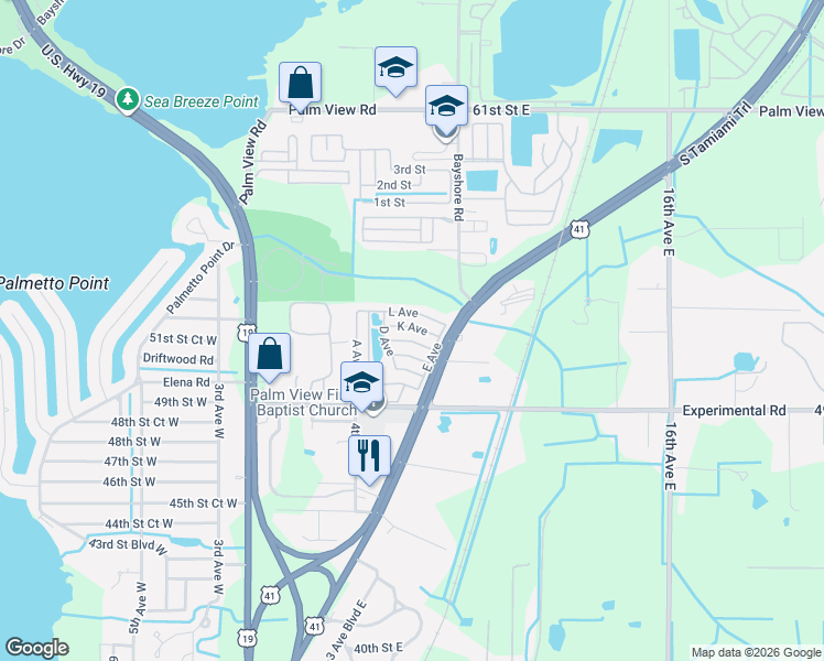 map of restaurants, bars, coffee shops, grocery stores, and more near 96 K Avenue in Palmetto