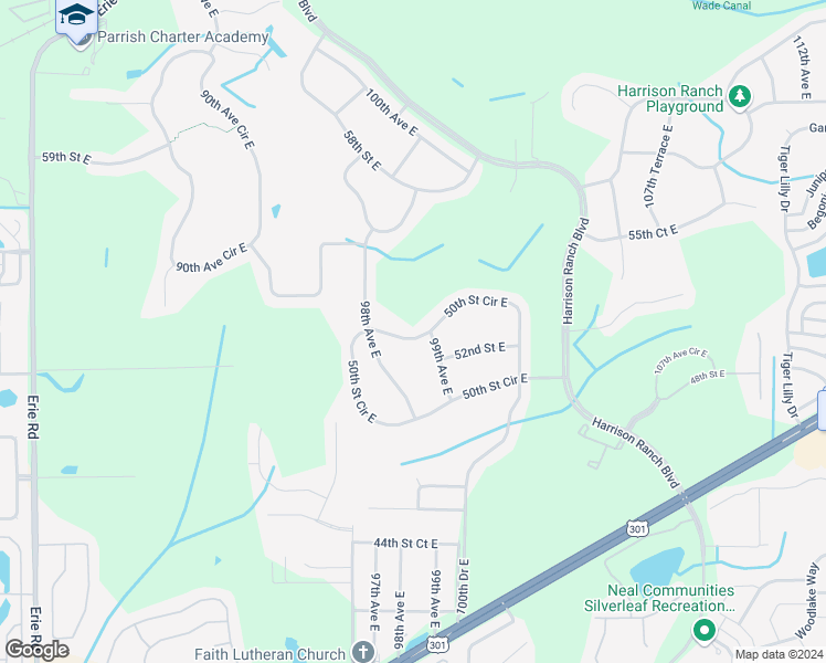 map of restaurants, bars, coffee shops, grocery stores, and more near 9775 50th Street Circle East in Parrish